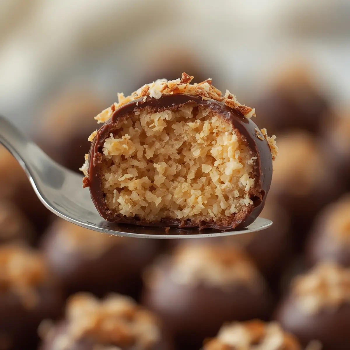 samoa truffles: Samoa truffles coated in dark chocolate and toasted coconut flakes on a tray