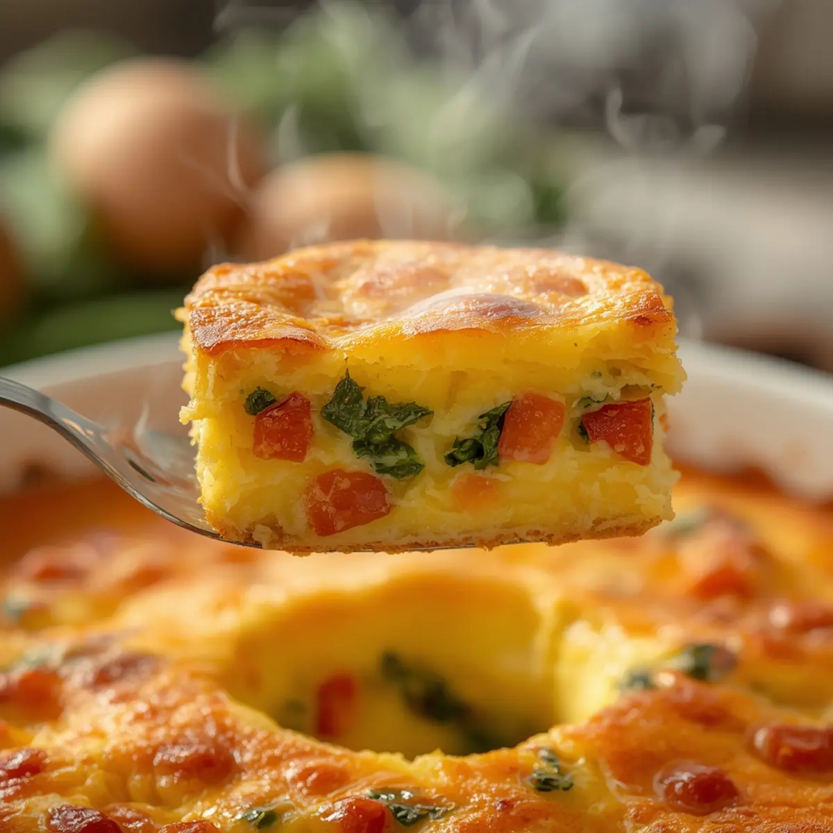 savor flavor frittata potatoes red: Sliced easy frittata with potatoes, red peppers, and spinach in a cast iron skillet, showing fluffy texture and colorful ingredients.