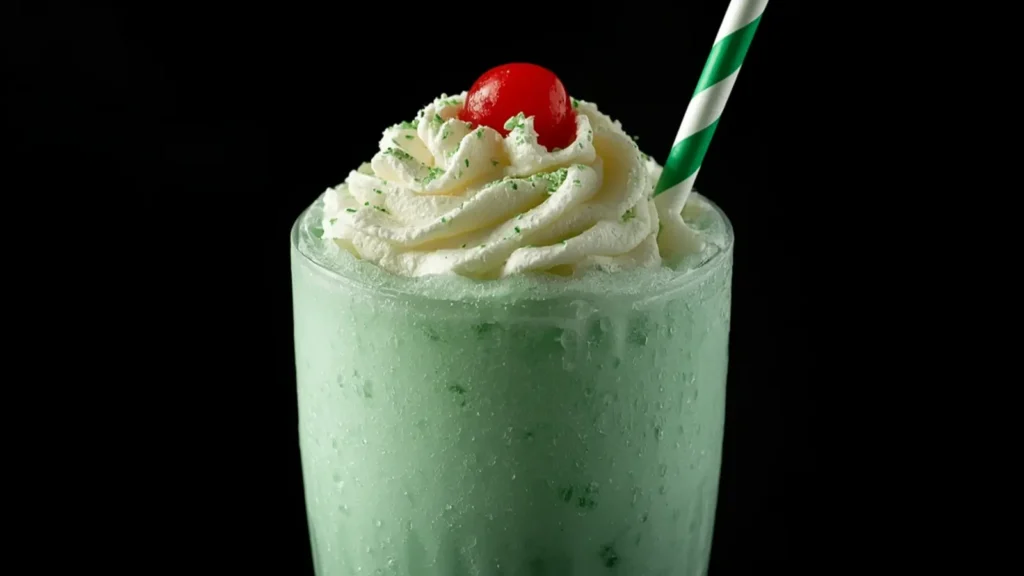 Shamrock Shake: Creamy green Shamrock Shake in a tall glass with whipped cream and cherry, perfect for St. Patrick's Day.