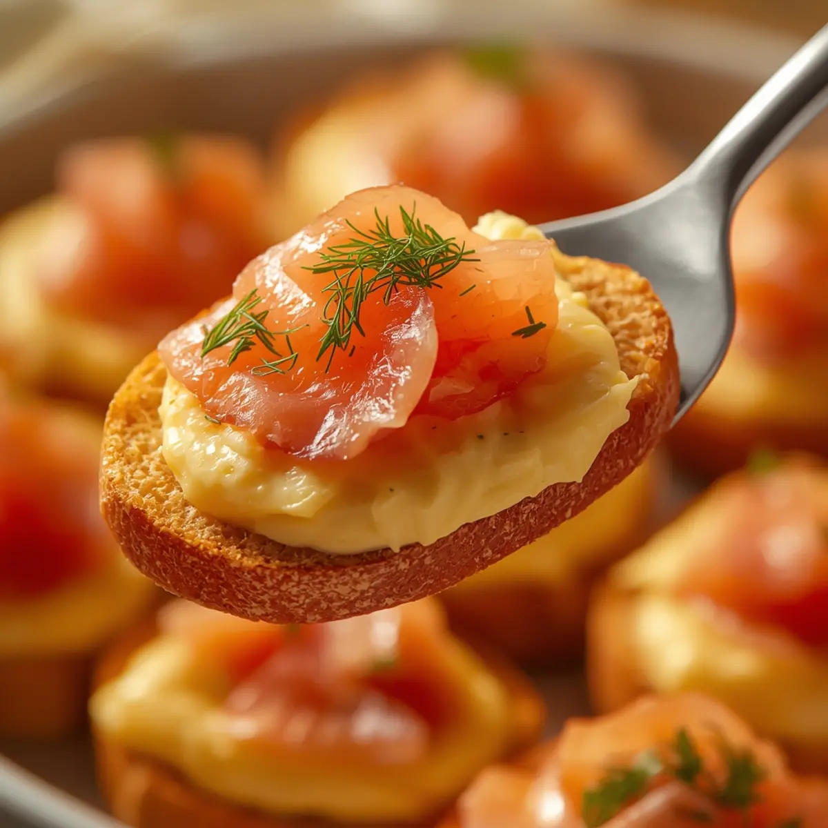 smoked-salmon-crostini-egg: Smoked salmon crostini with egg-cheddar mousse on toasted bread, perfect easy appetizer.