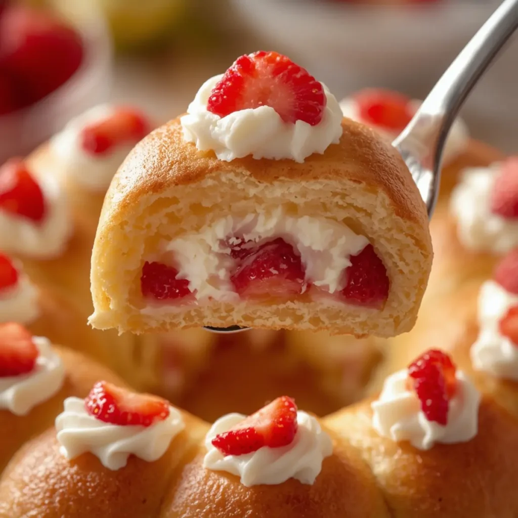 soesjes krans met room: Golden soesjes krans met room with creamy filling and fresh strawberries, a luchtige traktatie for your table.