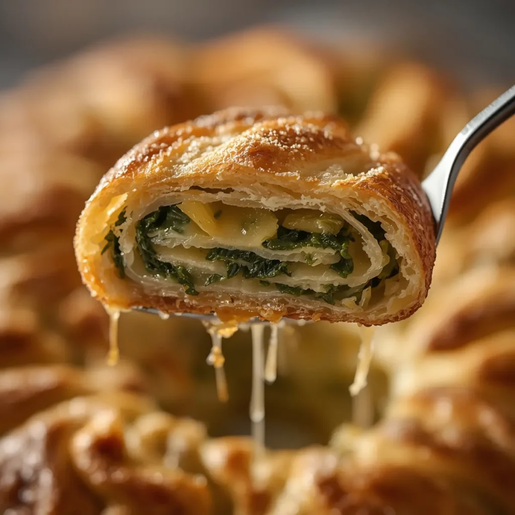 spinach artichoke swirls: Spinach artichoke swirls with golden flaky pastry and green filling, perfect for brunch.