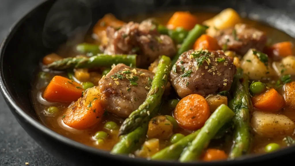 Spring Lamb Stew: Hearty Spring Lamb Stew in a bowl with carrots and potatoes, perfect for Holiday & Seasonal meals.
