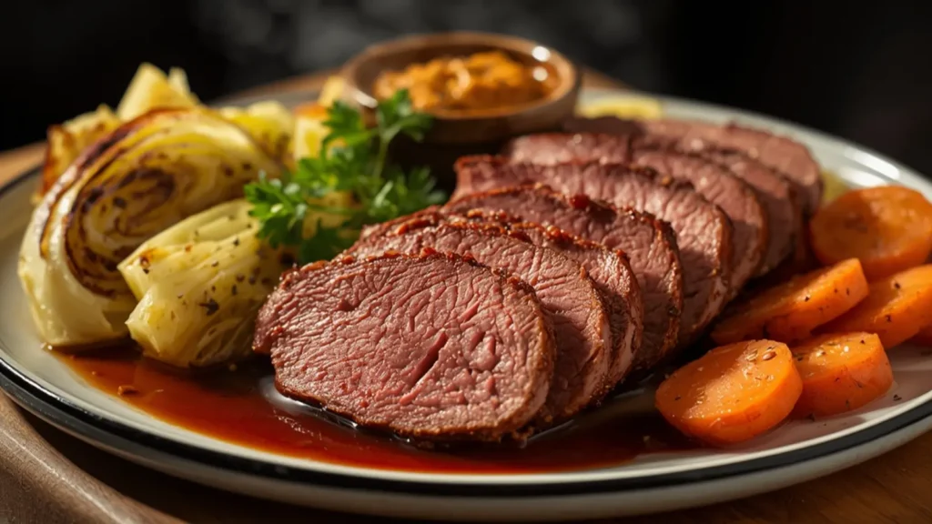 St. Patrick's Day Corned Beef: Sliced tender St. Patrick's Day Corned Beef with cabbage, potatoes, and carrots on a wooden board.