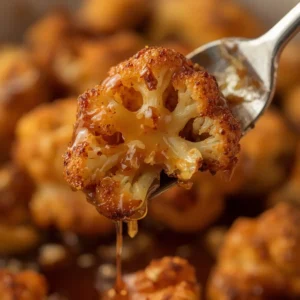 sticky honey garlic cauliflower: Crispy roasted cauliflower florets coated in a glossy sticky honey garlic sauce, ready to serve.
