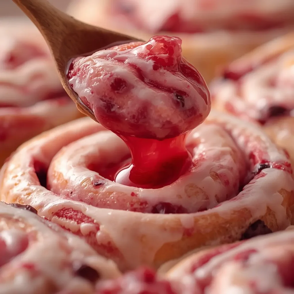 strawberry cheesecake rolls glaze: Strawberry cheesecake sweet rolls with glaze, swirled pink filling and creamy topping on a golden roll.