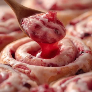 Strawberry Cheesecake Sweet Rolls With Glaze 6 strawberry cheesecake rolls glaze: Strawberry cheesecake sweet rolls with glaze, swirled pink filling and creamy topping on a golden roll.