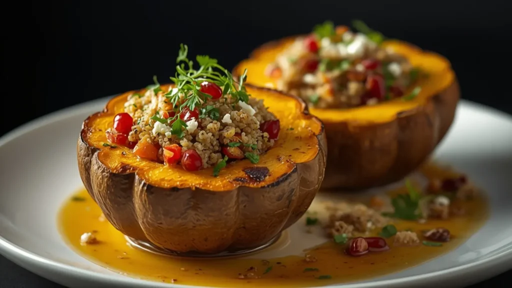 Stuffed Acorn Squash: Roasted Stuffed Acorn Squash filled with quinoa, cranberries, and pecans on a rustic table.