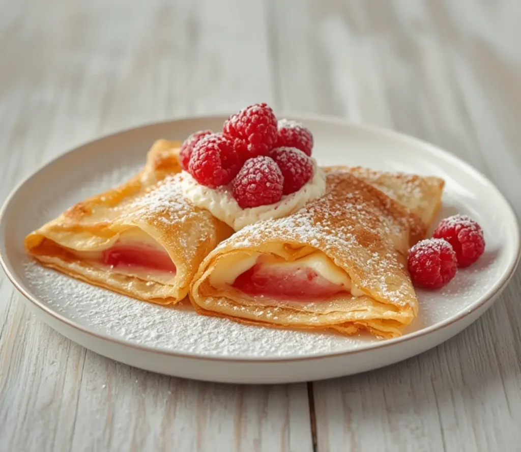 sweet crepes raspberry vanilla cream: sweet crepes raspberry vanilla cream: Sweet crepes with raspberry vanilla cream filling on a plate.