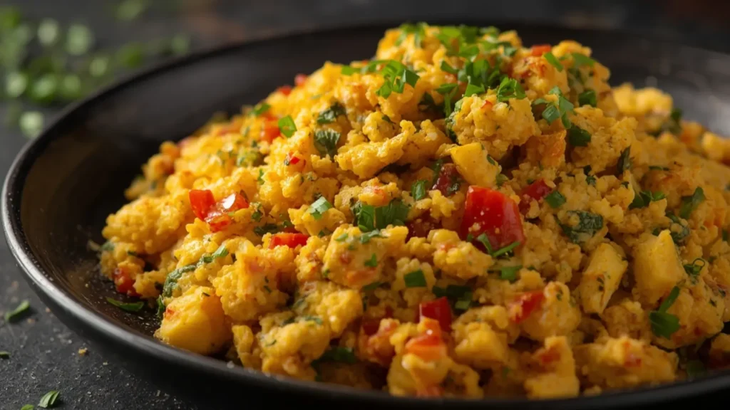 Tofu Scramble: Creamy golden tofu scramble with bell peppers in a skillet