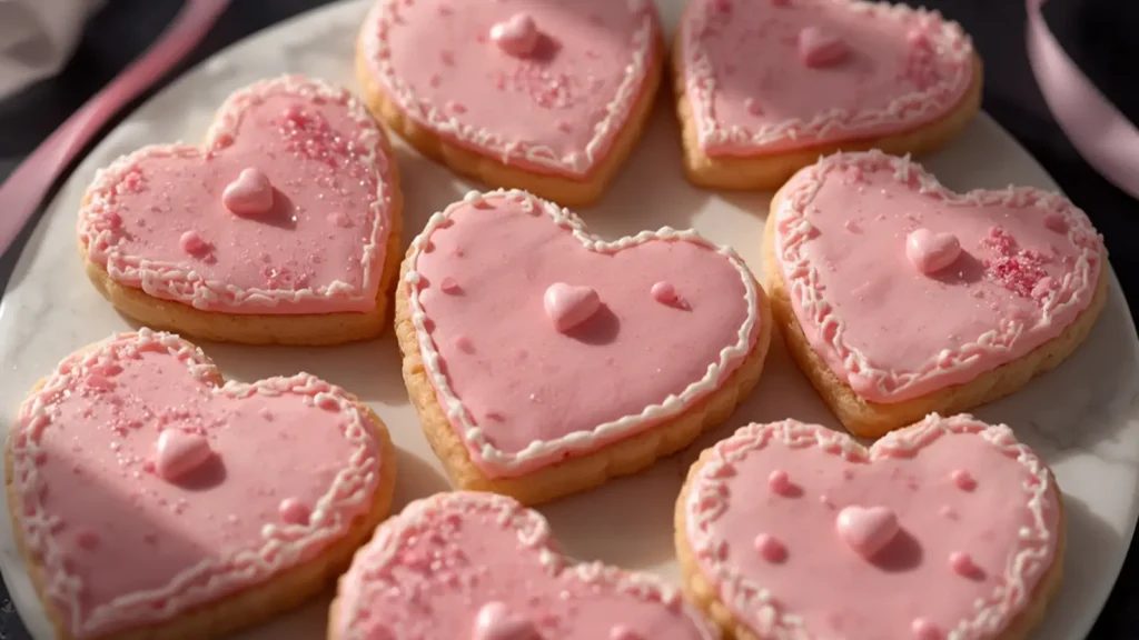 Valentine's Day Sugar Cookies: Stack of soft heart-shaped Valentine's Day sugar cookies decorated with pink icing on a rustic table.