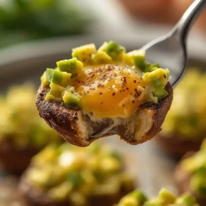 vegetarian-avocado-egg-mushrooms: Golden baked portobello stuffed mushrooms with avocado and a runny egg yolk, vegetarian avocado egg mushrooms recipe.
