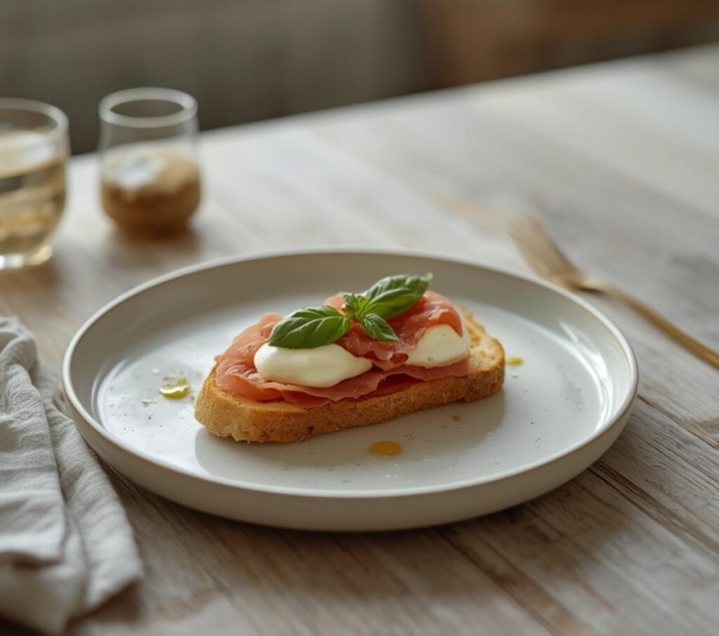 Elegant burrata prosciutto crostini appetizer arranged on a table with fresh basil leaves