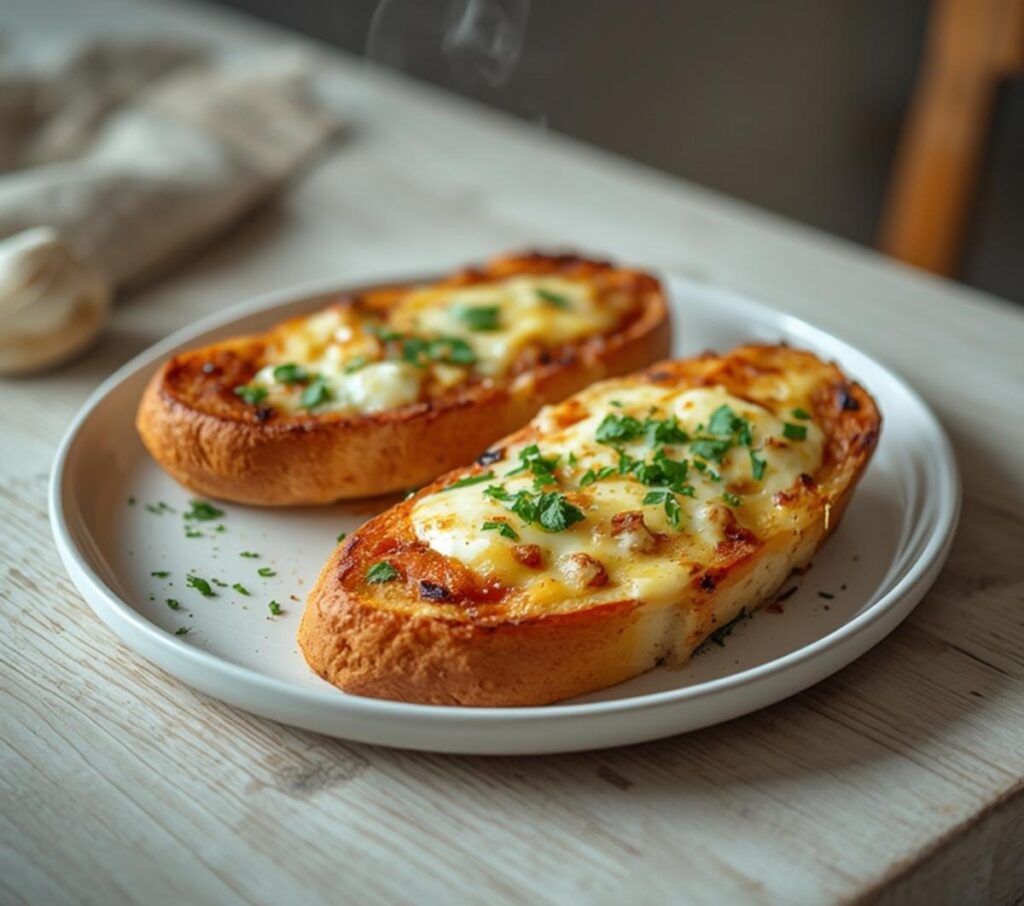 Golden baked cheesy garlic bread with melted cheese and garlic confit on a table.