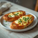 Golden baked cheesy garlic bread with melted cheese and garlic confit on a table.