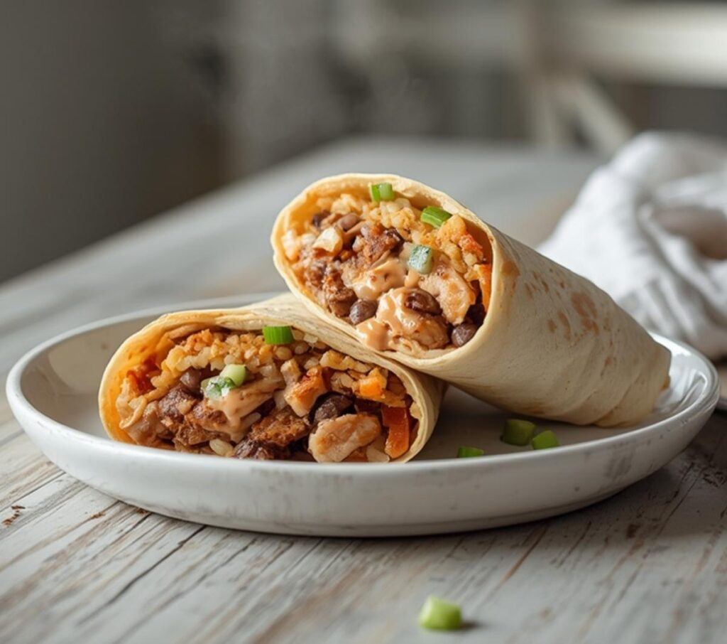 A complete chipotle ranch grilled chicken burrito on a plate showing rice, beans, and fresh vegetables.