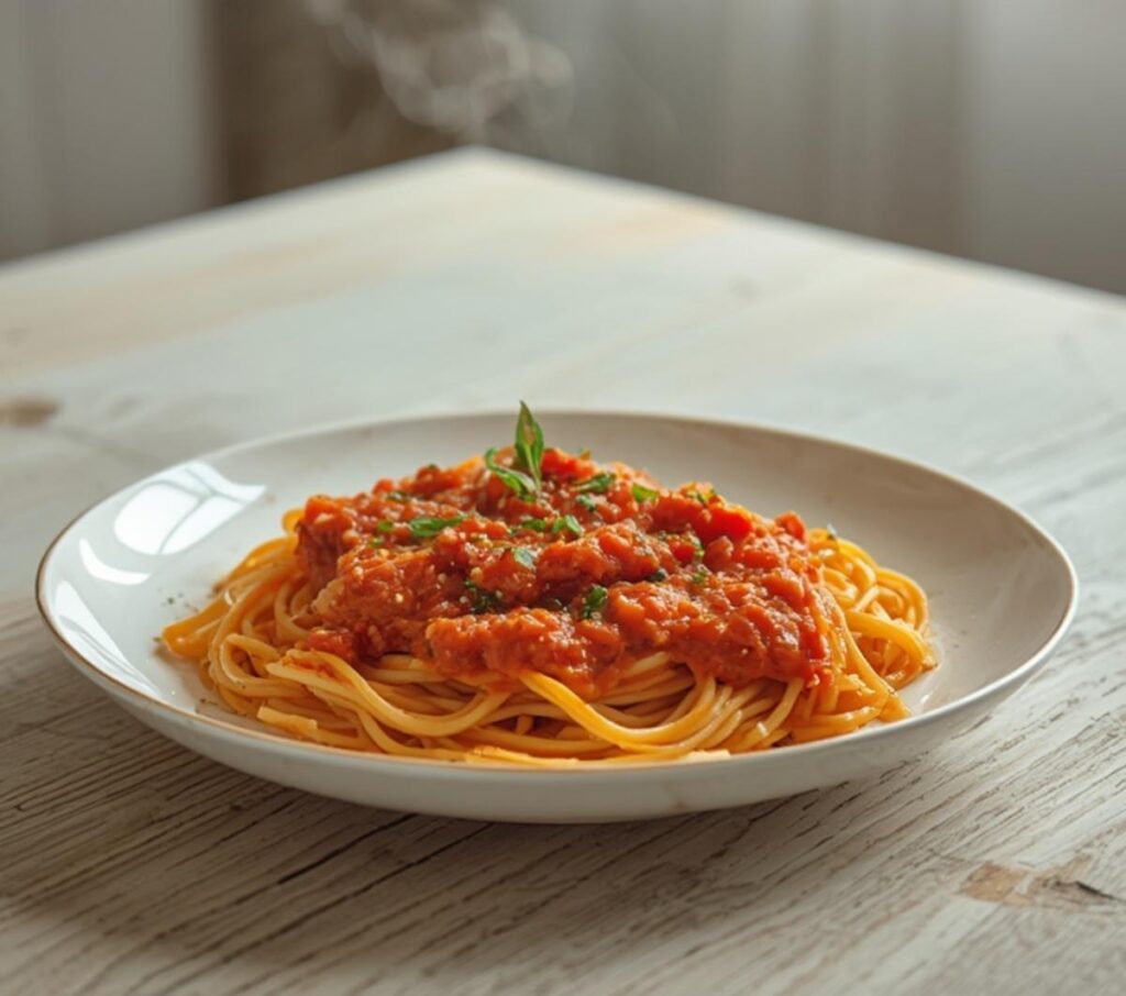 A bowl of creamy tomato garlic pasta with a rich red sauce and fresh herbs, served as a main course.