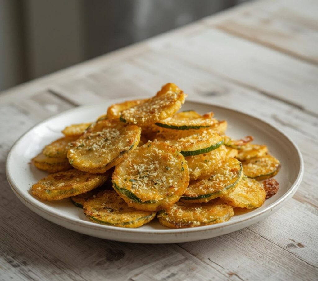 A plate of golden, crunchy zucchini chips seasoned with parmesan and garlic, ready to eat.