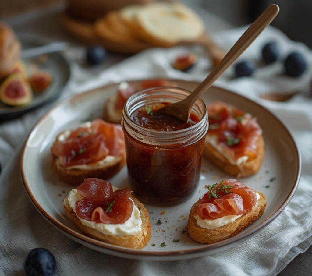 A platter of fig jam and prosciutto crostini garnished with fresh thyme, ready to serve.