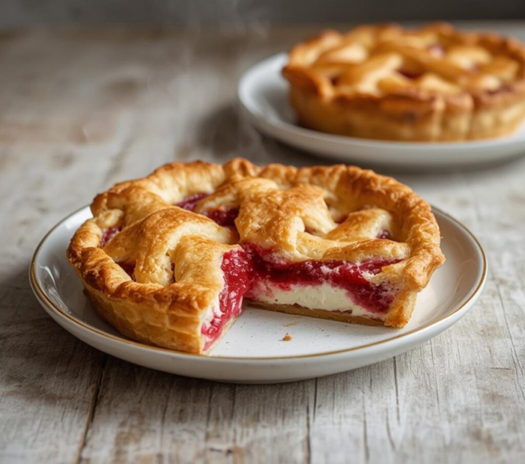 Mini cherry cream cheese pies with golden lattice crust displayed on a serving plate.