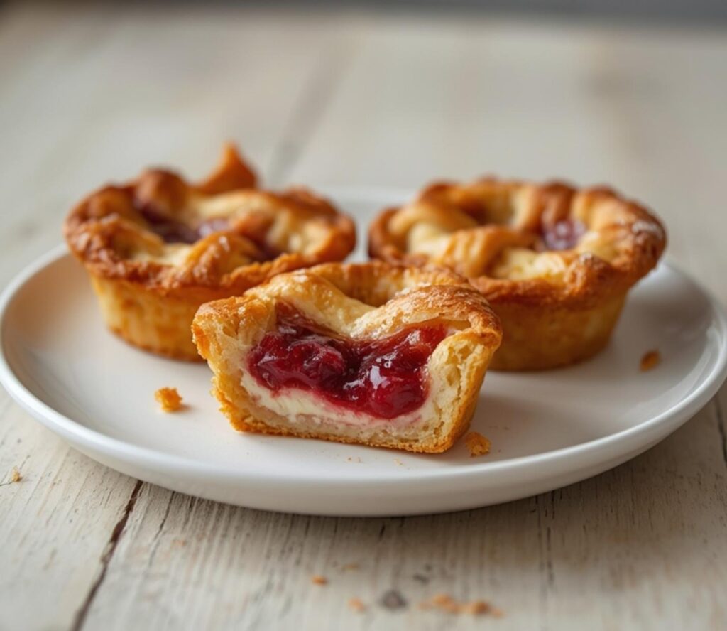 mini cherry cream cheese pies: : Golden mini cherry cream cheese pies with lattice crust and red filling.
