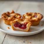 mini cherry cream cheese pies: : Golden mini cherry cream cheese pies with lattice crust and red filling.