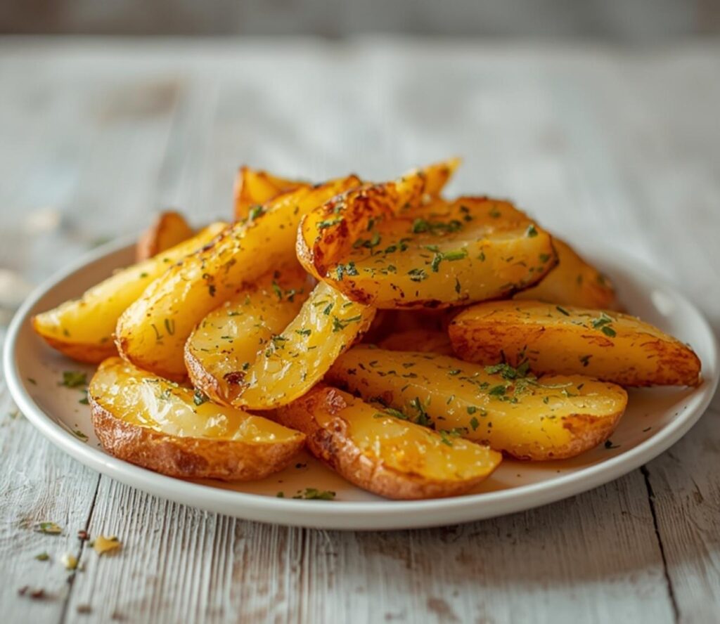 garlic crispy greek lemon potatoes: : Crispy golden roasted garlic lemon potatoes in a pan