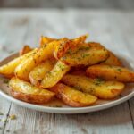garlic crispy greek lemon potatoes: : Crispy golden roasted garlic lemon potatoes in a pan