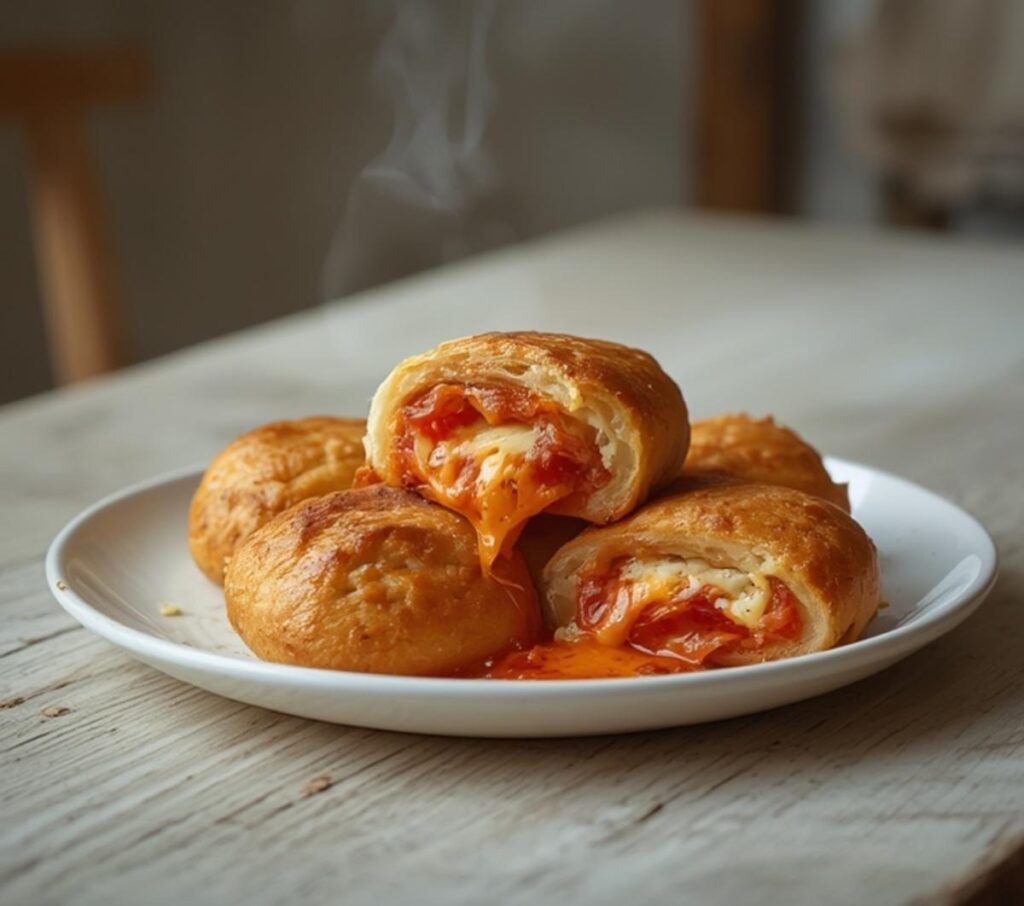Easy homemade pizza rolls with melted cheese and pepperoni on a serving platter, perfect for parties.