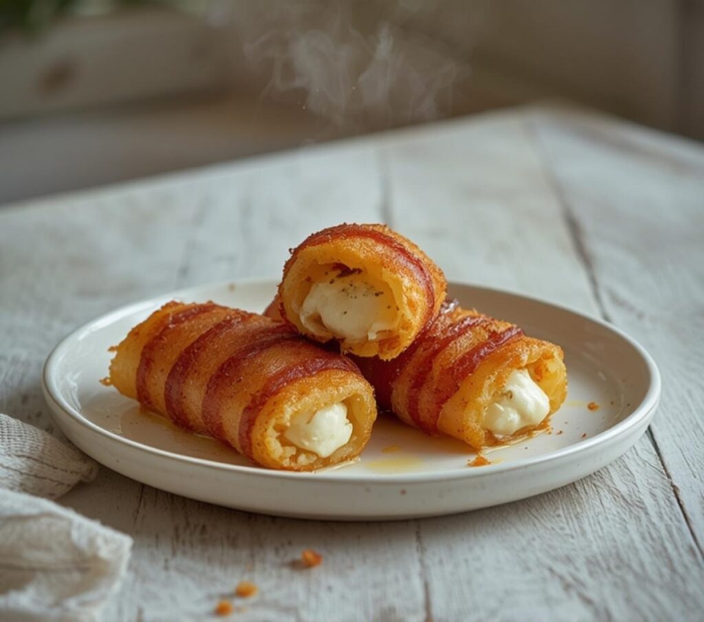 Crispy bacon-wrapped mozzarella sticks on a plate, golden and ready to eat