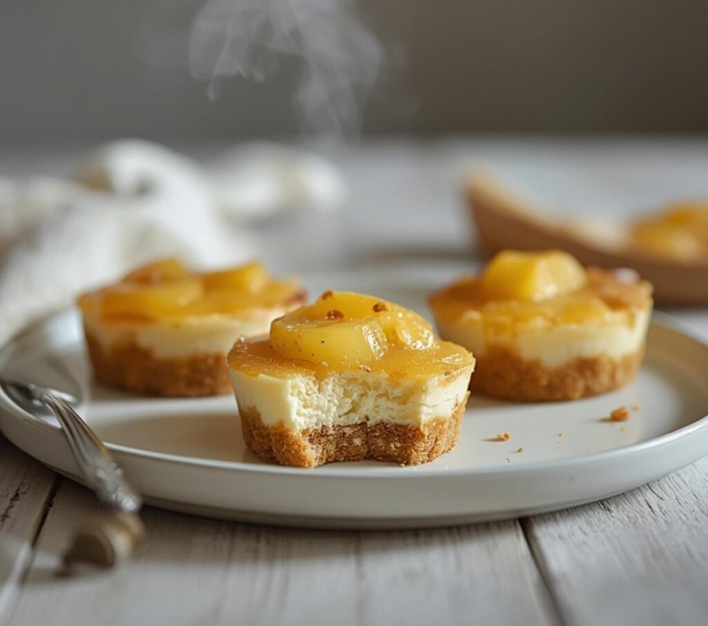 Delicious mini pineapple cheesecake upside bites served on a table with caramelized topping and graham crust.