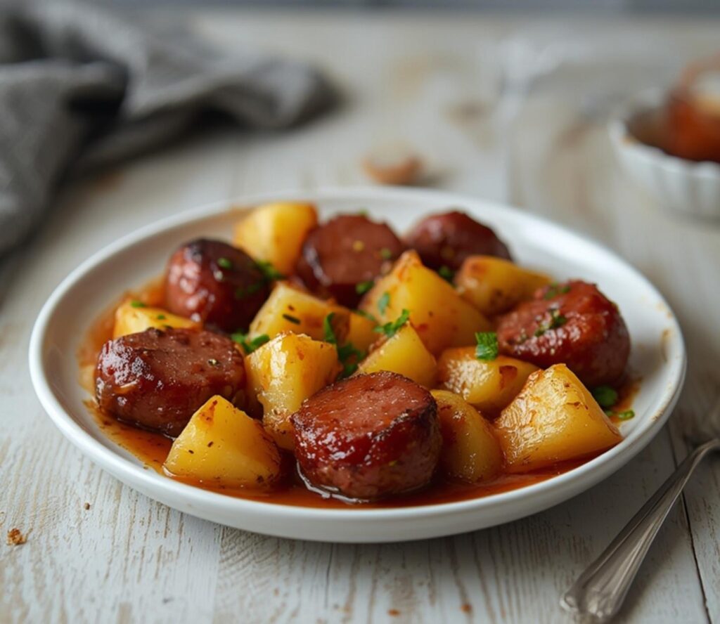 glazed kielbasa pineapple bites: : Glazed kielbasa pineapple bites on a baking sheet with sweet and savory glaze