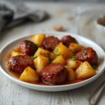 glazed kielbasa pineapple bites: : Glazed kielbasa pineapple bites on a baking sheet with sweet and savory glaze