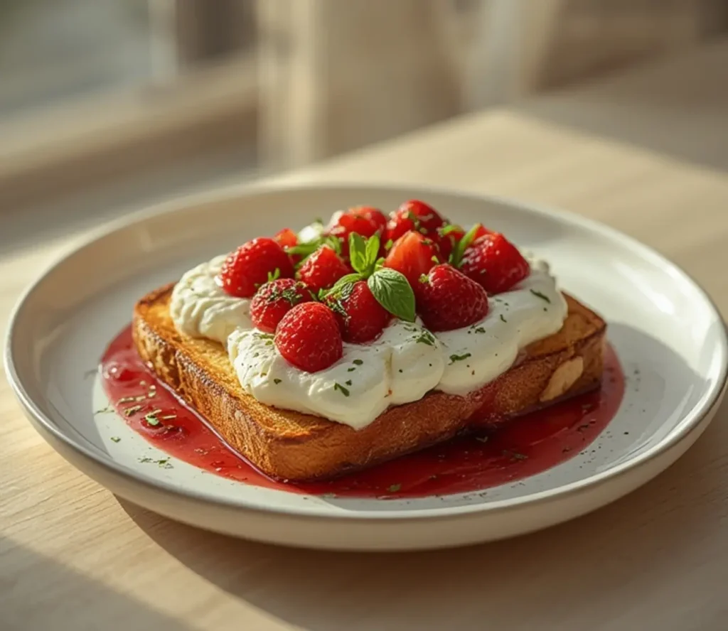 roasted strawberry whipped ricotta toast: : Roasted strawberry whipped ricotta toast on a plate with fresh basil