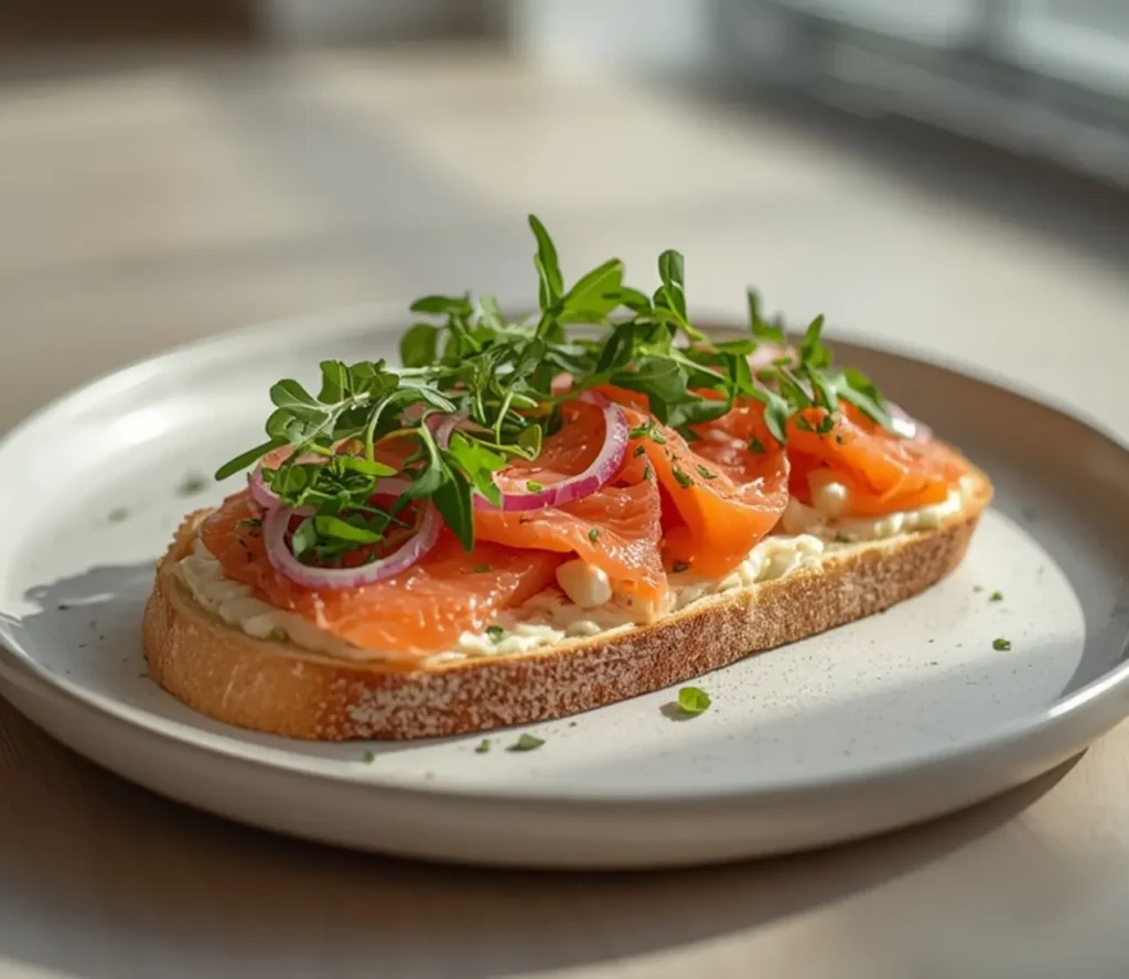smoked salmon sandwich: : Savory smoked salmon sandwich with cream cheese and greens
