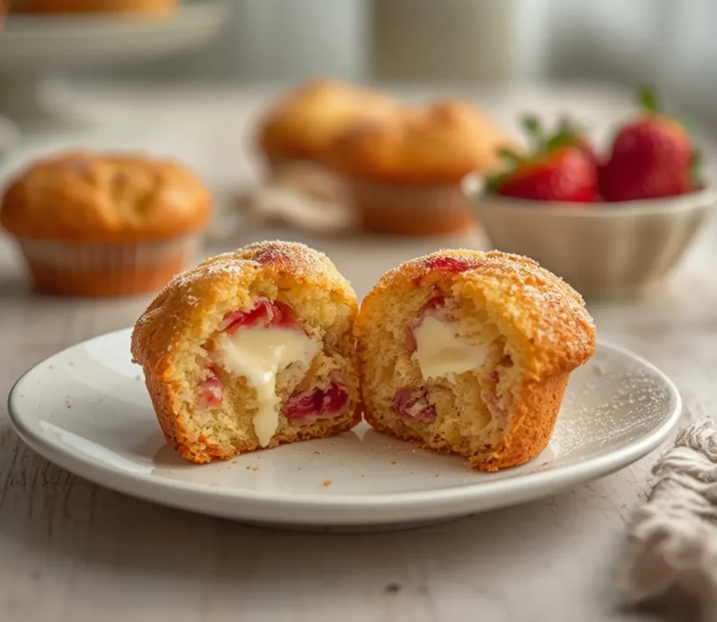 strawberry cream cheese muffins: : Strawberry cream cheese muffins with a golden top and creamy filling