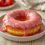 strawberry milk bread donuts: : Homemade strawberry milk-bread donuts with vibrant pink glaze on a wire rack.