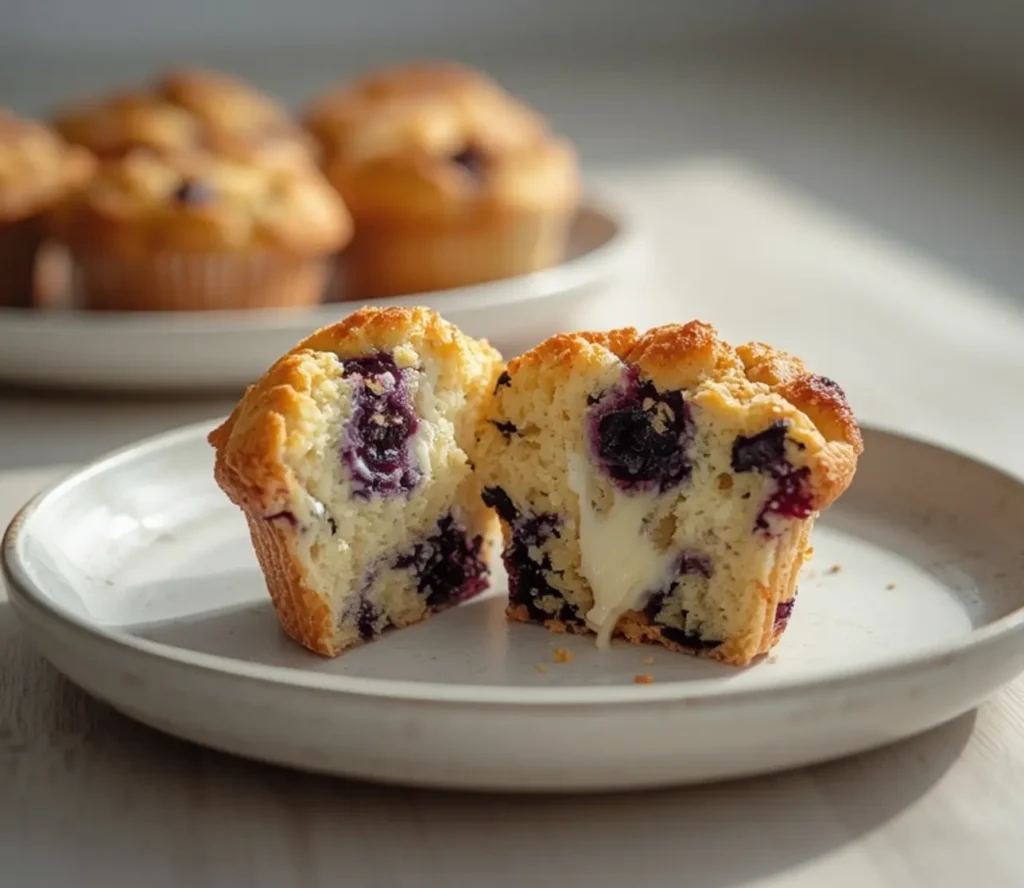 juicy blueberry cream cheese muffins: : Juicy blueberry cream cheese muffins with golden tops and creamy filling.