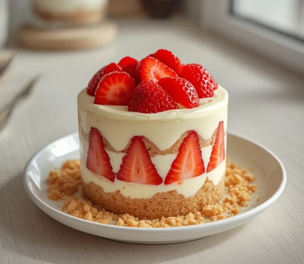 no bake strawberry cheesecake: : Layered no bake strawberry cheesecake parfaits in a glass with creamy filling and fresh fruit