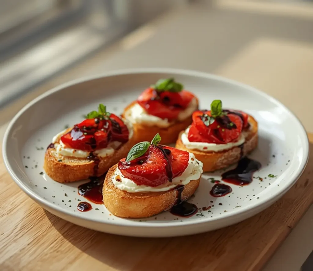 balsamic strawberry toast: : Balsamic strawberry toast with goat cheese and basil garnish
