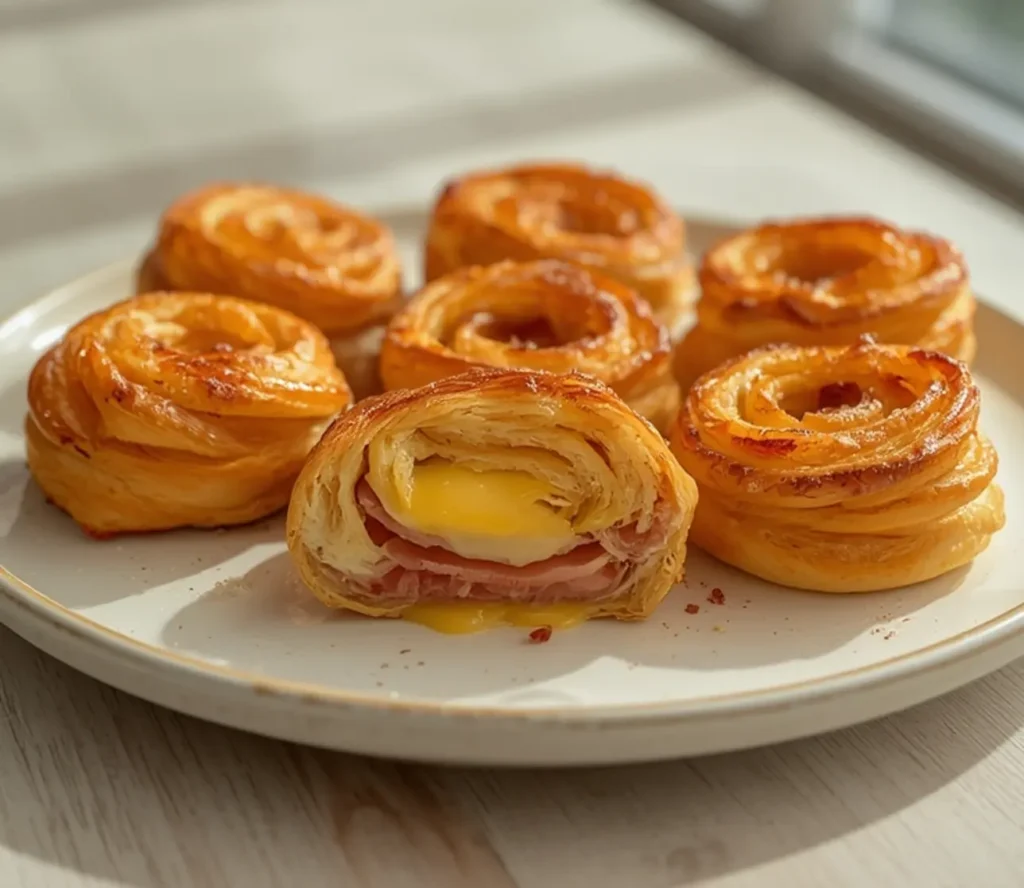ham and cheese pastry pinwheels: : Ham and cheese pastry pinwheels with flaky golden layers and melted cheese