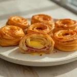ham and cheese pastry pinwheels: : Ham and cheese pastry pinwheels with flaky golden layers and melted cheese