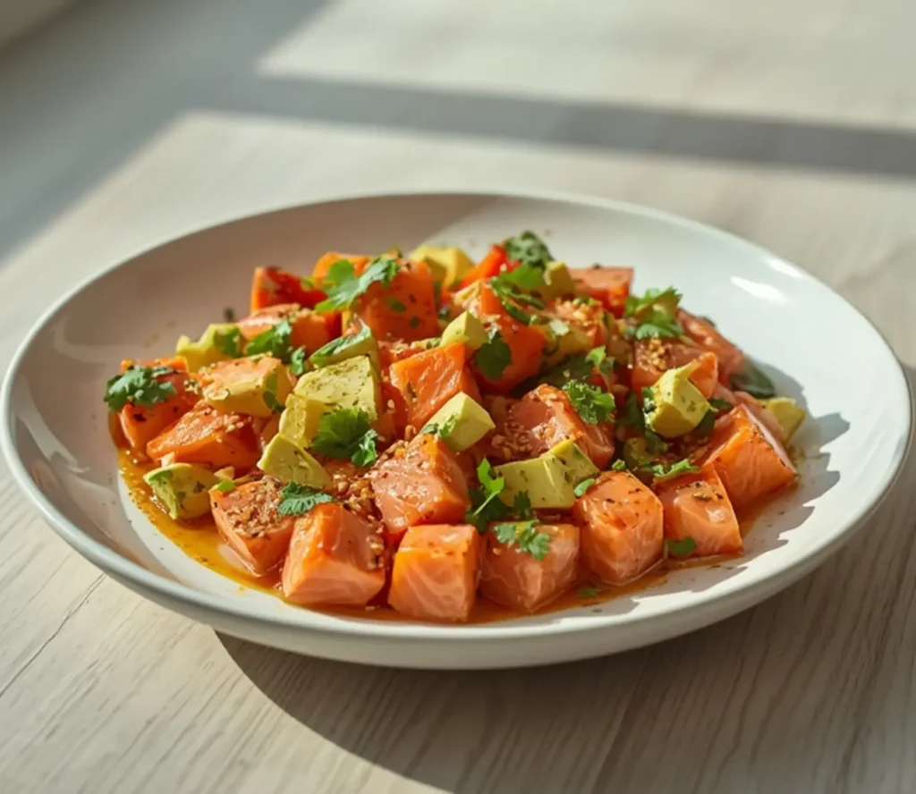salmon ceviche recipe: : Fresh salmon ceviche with avocado and citrus in a bright, healthy bowl.