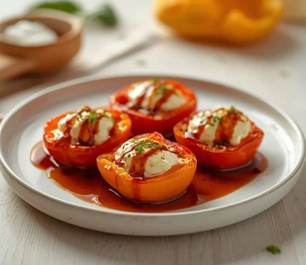goat cheese stuffed mini peppers: : Goat cheese stuffed mini peppers with balsamic glaze on a baking sheet