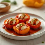 goat cheese stuffed mini peppers: : Goat cheese stuffed mini peppers with balsamic glaze on a baking sheet