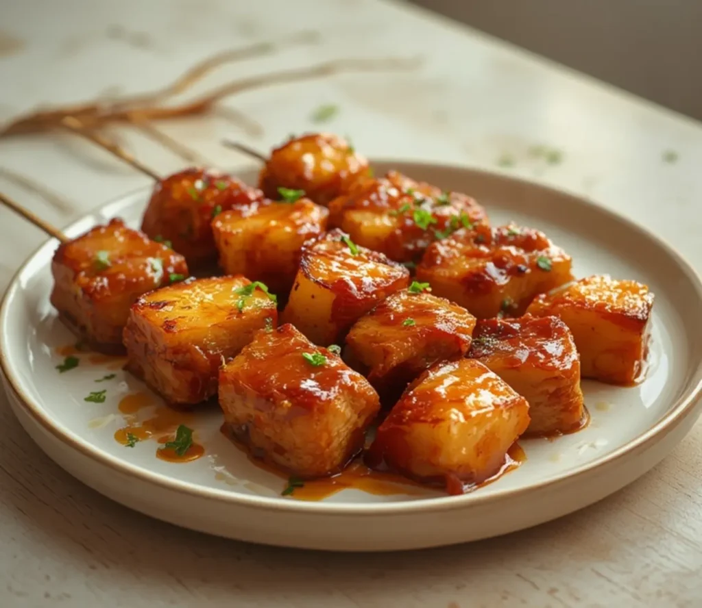 pineapple bbq pork skewers: : Grilled pineapple BBQ pork skewers with sweet and savory flavors for summer meals