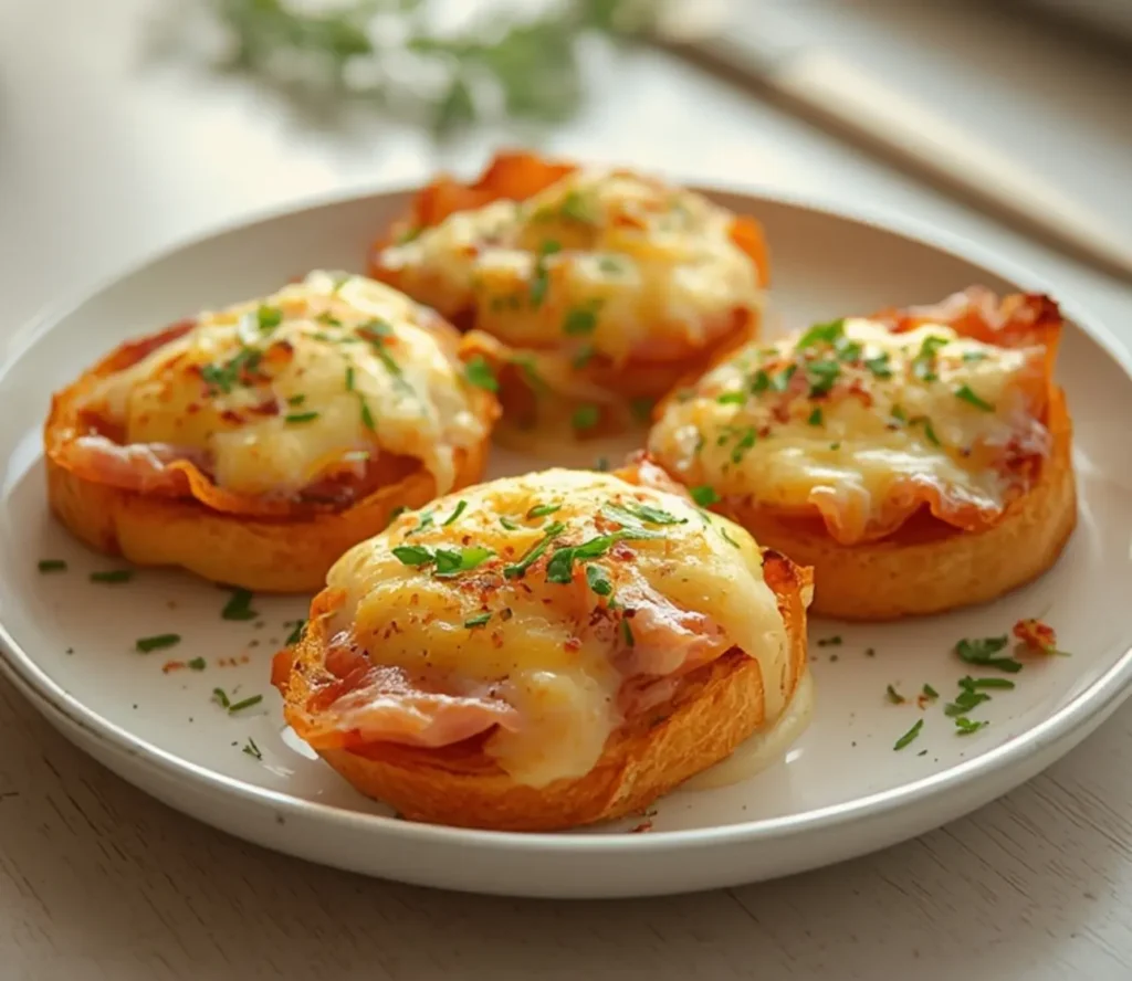 petits croques apéritifs: : Golden and crispy Petits Croques Apéritifs with melted cheese and ham