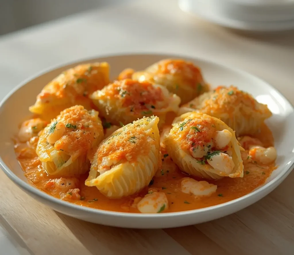 Irresistible Creamy Seafood Stuffed Shells for 4 1 creamy seafood stuffed shells: : Creamy seafood stuffed shells with shrimp, crab, and scallops in a cheesy pasta bake