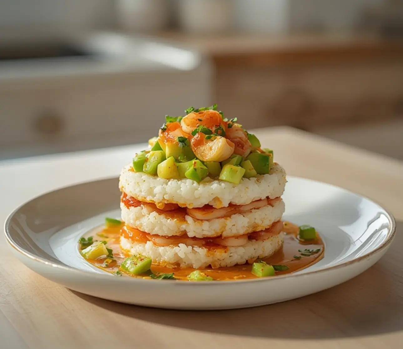 spicy shrimp sushi stacks: : Spicy shrimp sushi stacks with layered rice, shrimp, avocado and cucumber