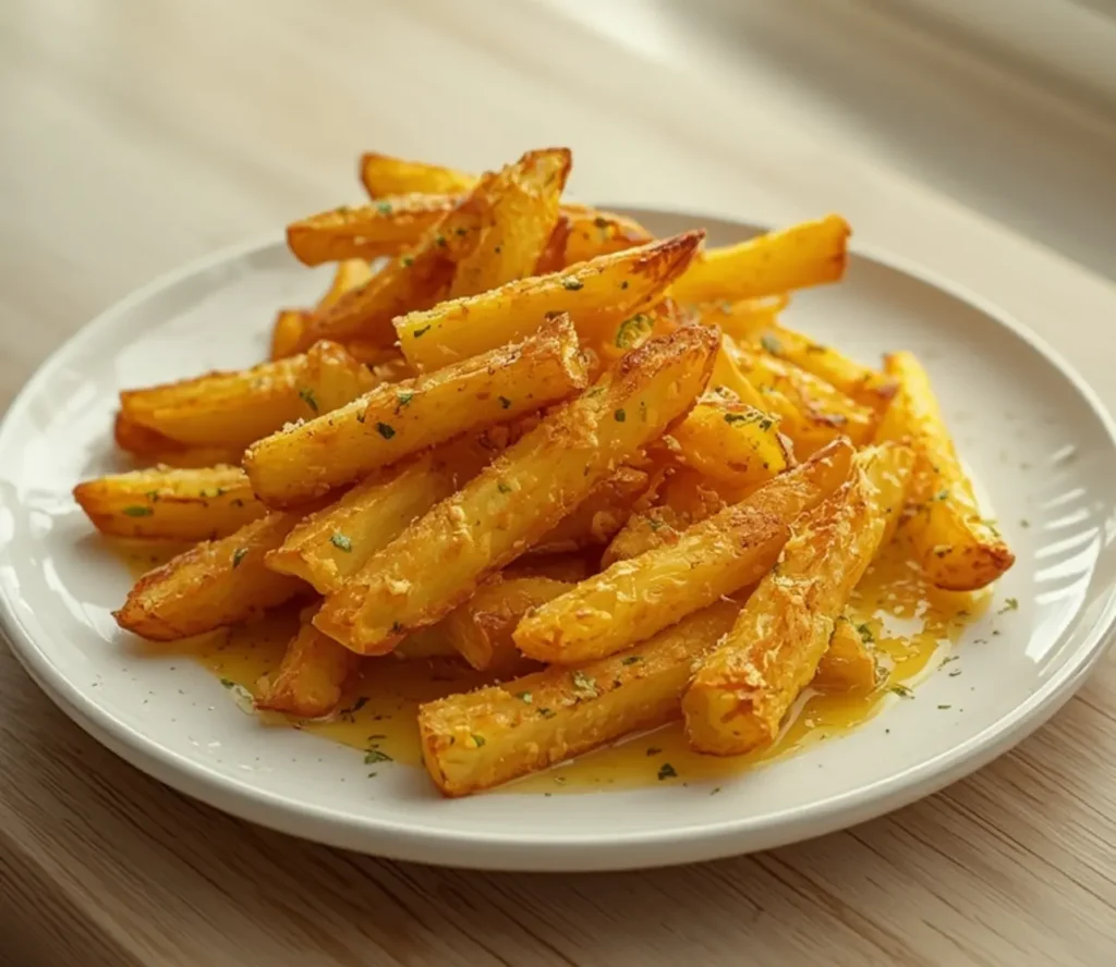 air fryer garlic parmesan fries: : Crispy air fryer garlic parmesan fries with golden color and parmesan coating